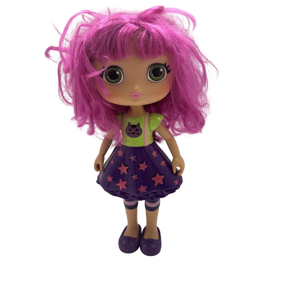 Purple Curly Hair Green Eyes Girl Doll Cat Dress Stars Shoes Toy Play Figure